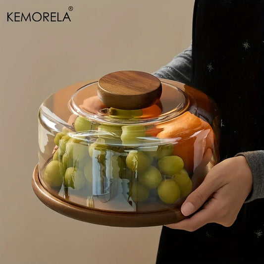 1PCS Round Wooden Cake Stand with Glass Dome Lid -Wood Serving Tray for Dim Sum Pastries & Desserts for Dining Room Cake Tray