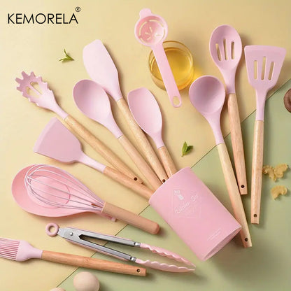 14pcs Silicone Utensil Set - Non-Stick Cooking Utensils With Wooden Handle & Storage Bucket - Apartment & College Dorm Essential Kitchen Supplies