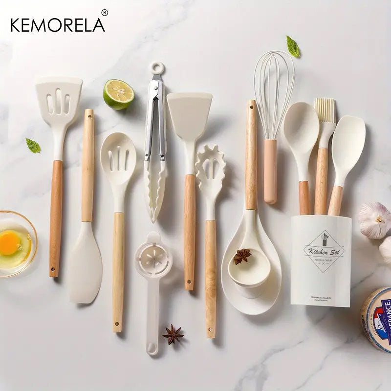 14pcs Silicone Utensil Set - Non-Stick Cooking Utensils With Wooden Handle & Storage Bucket - Apartment & College Dorm Essential Kitchen Supplies