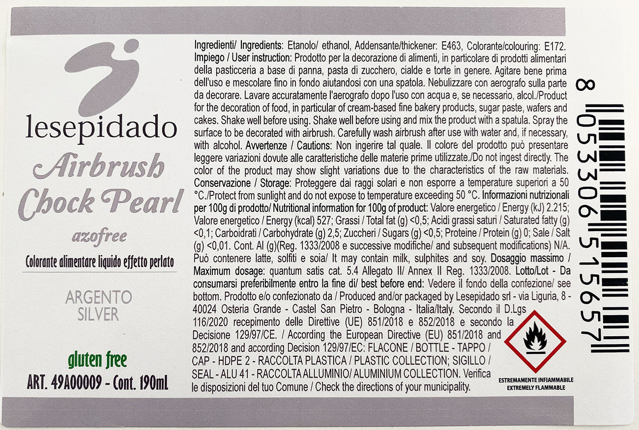 Colorante alimentare Perlato Argento per Aerografo a base alcol 190ml