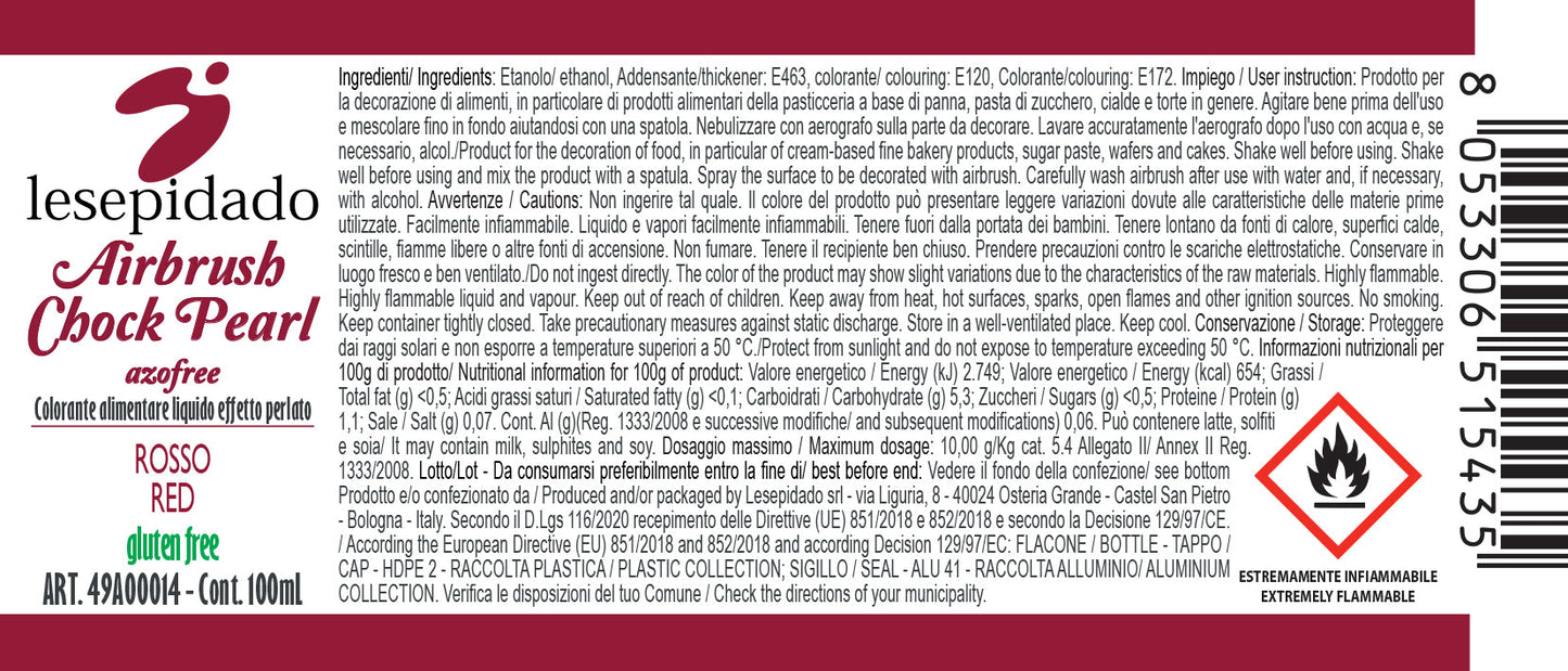 Colorante alimentare Perlato Rosso per aerografo a base alcol 100ml