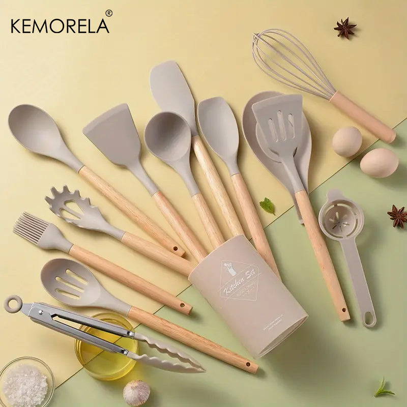 14pcs Silicone Utensil Set - Non-Stick Cooking Utensils With Wooden Handle & Storage Bucket - Apartment & College Dorm Essential Kitchen Supplies