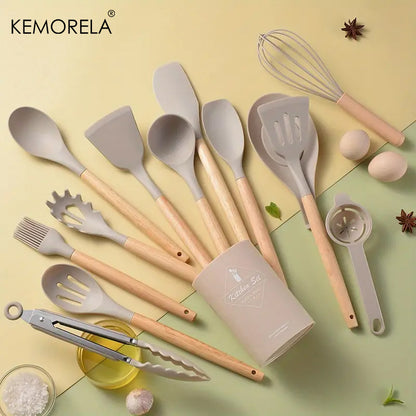 14pcs Silicone Utensil Set - Non-Stick Cooking Utensils With Wooden Handle & Storage Bucket - Apartment & College Dorm Essential Kitchen Supplies