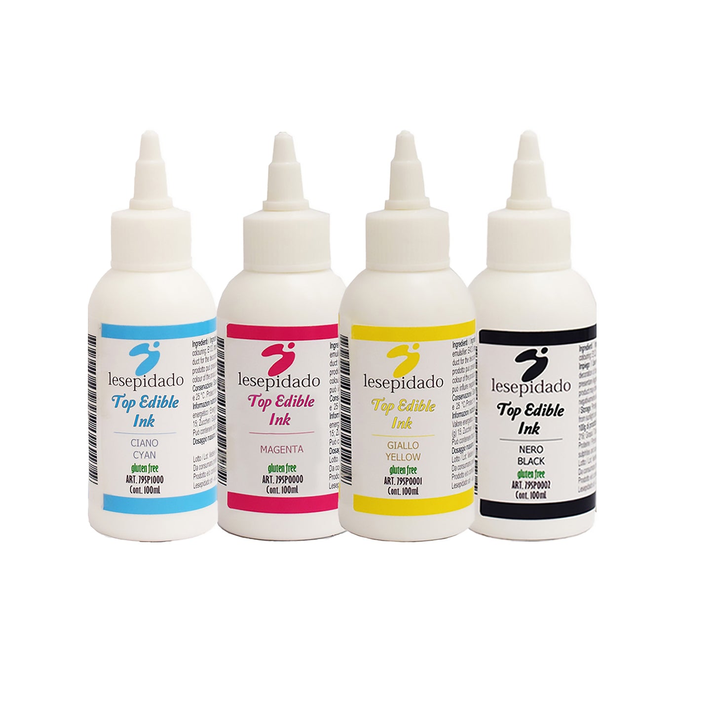 Kit di 4 inchiostri alimentari da 100 ml per stampanti alimentari Epson. Magenta, Ciano, Giallo, Nero.