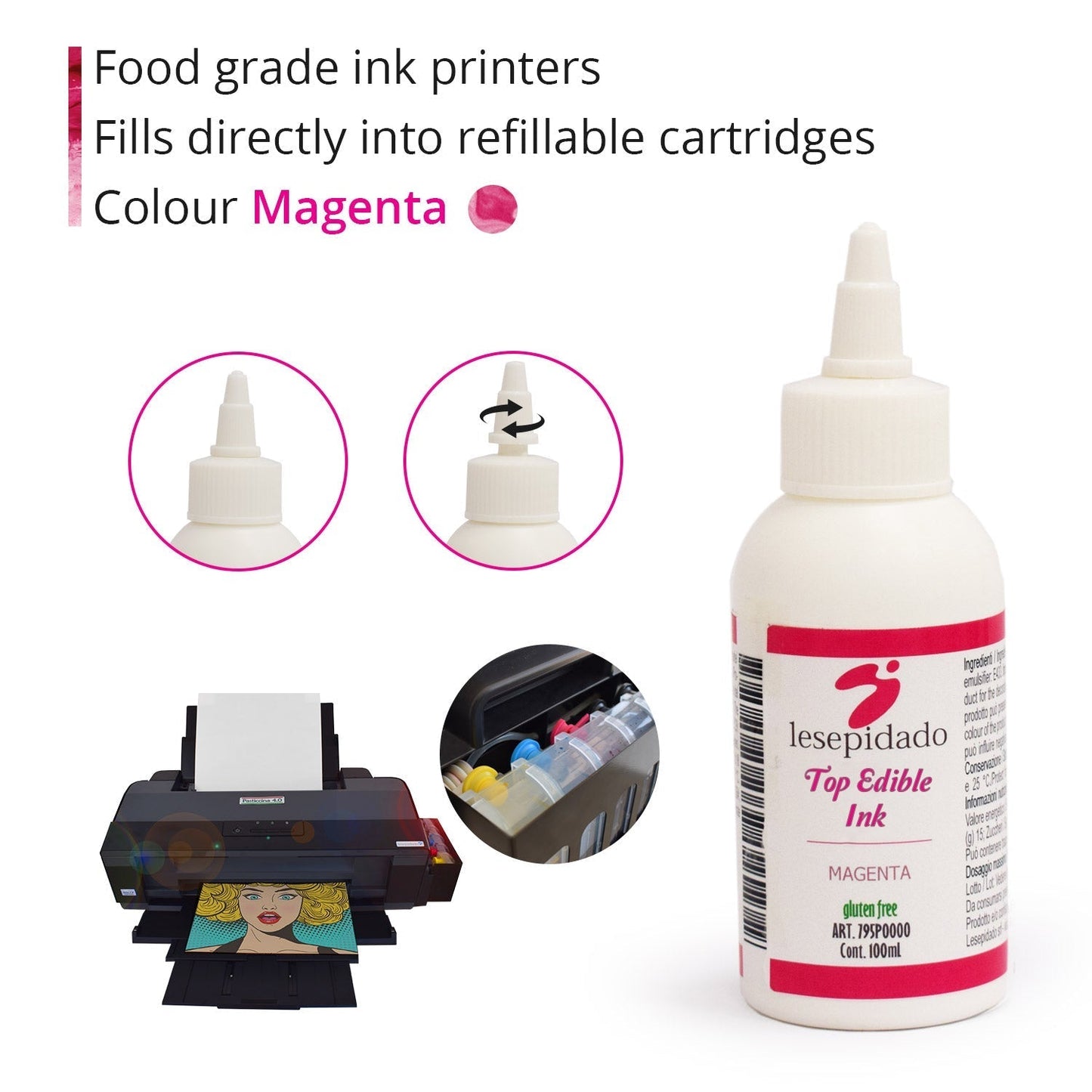 Kit di 4 inchiostri alimentari da 100 ml per stampanti alimentari Epson. Magenta, Ciano, Giallo, Nero.