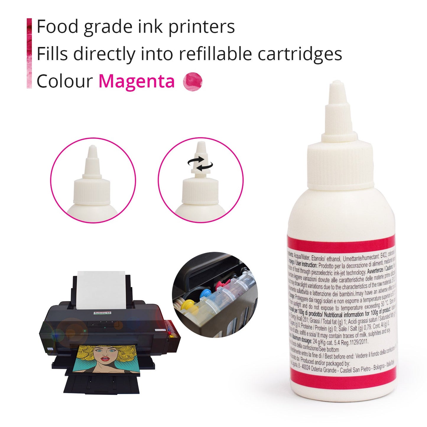 Inchiostro alimentare 100 ml Magenta per stampanti Epson