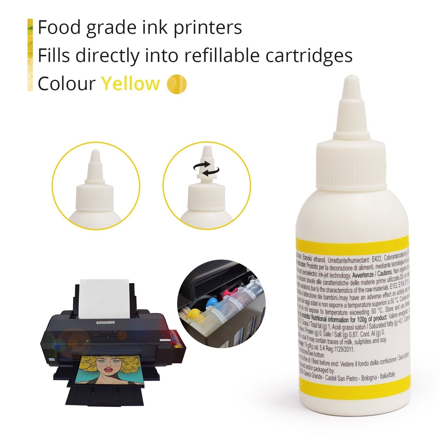 Inchiostro alimentare 100 ml Giallo per stampanti Epson