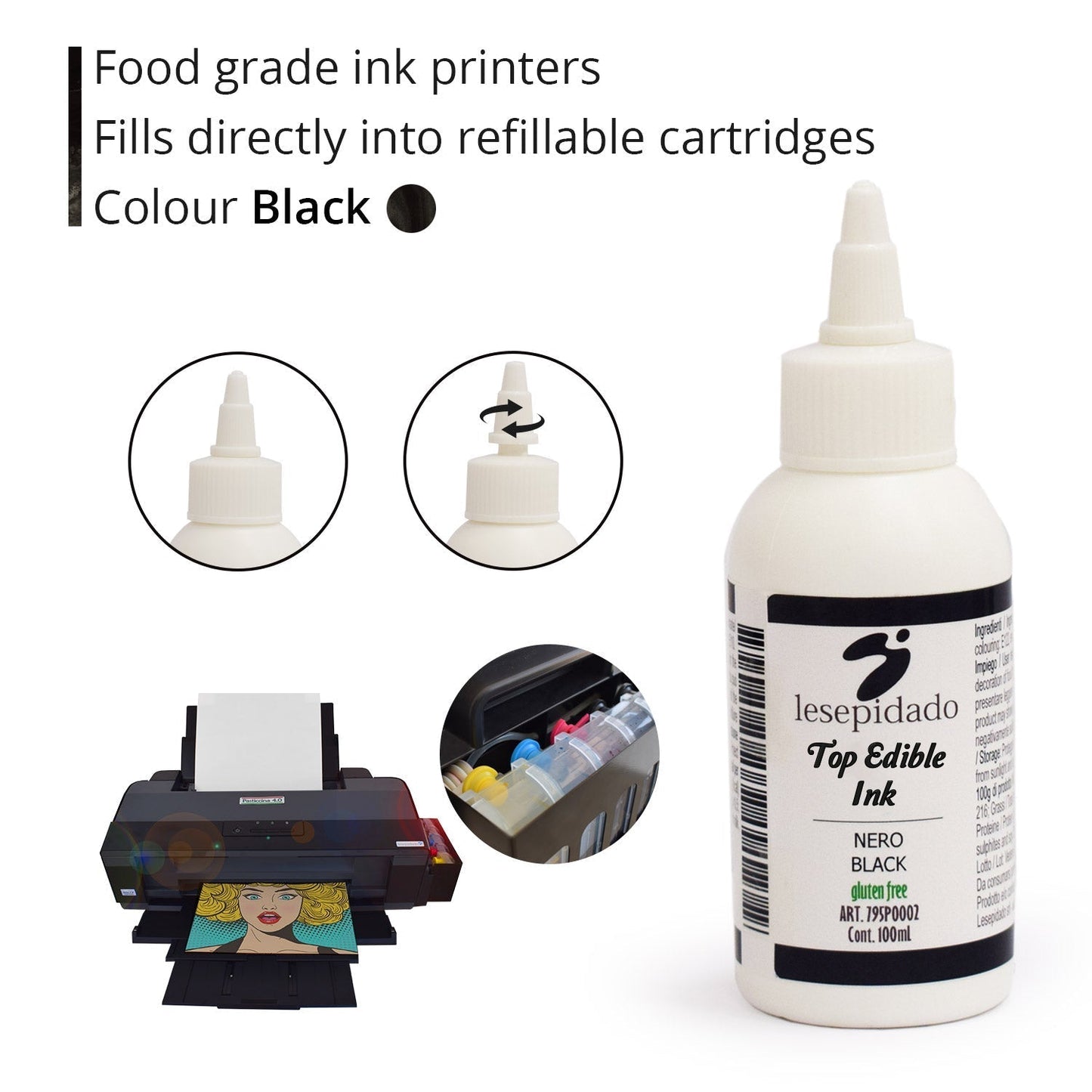 Inchiostro alimentare 100 ml Nero per stampanti Epson