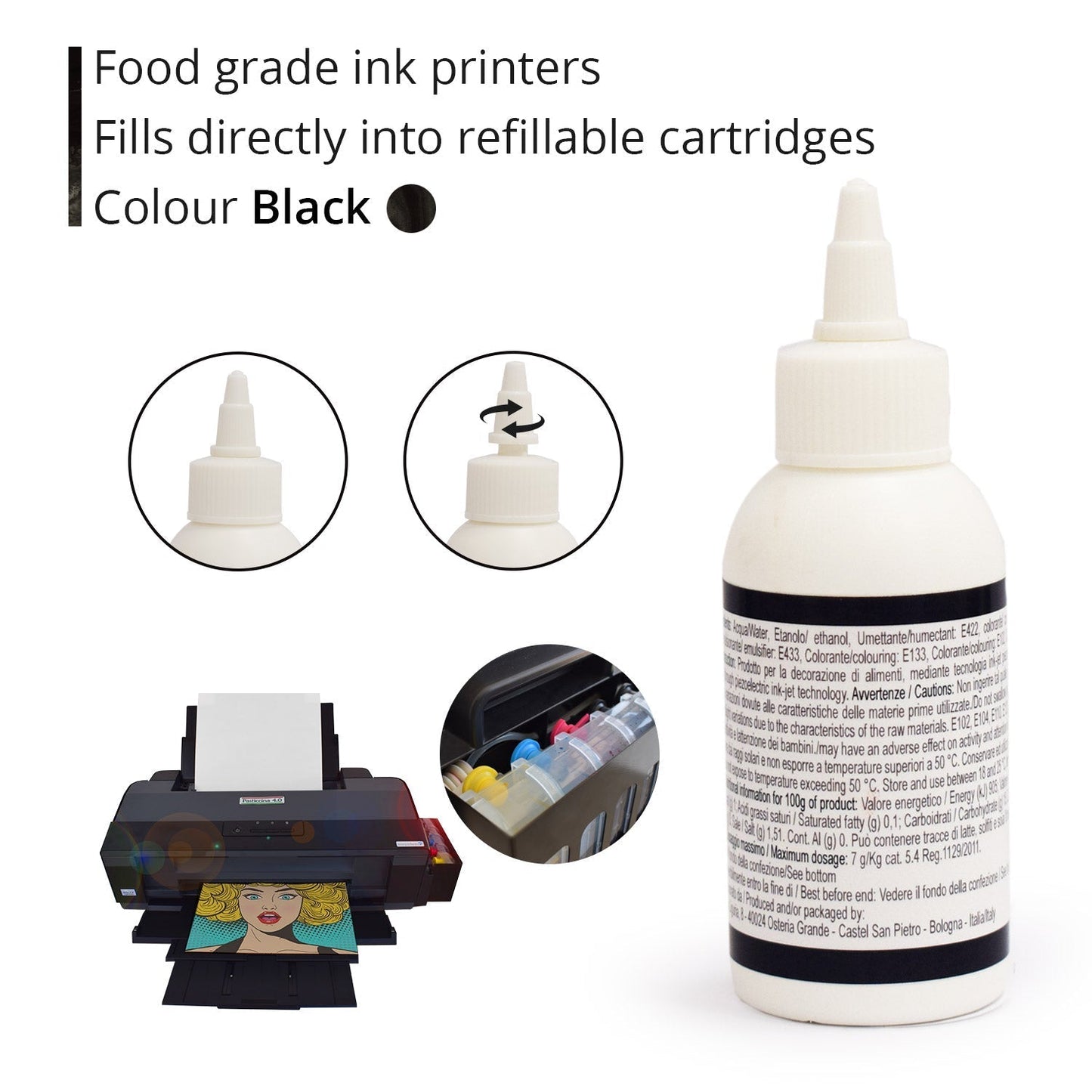Inchiostro alimentare 100 ml Nero per stampanti Epson