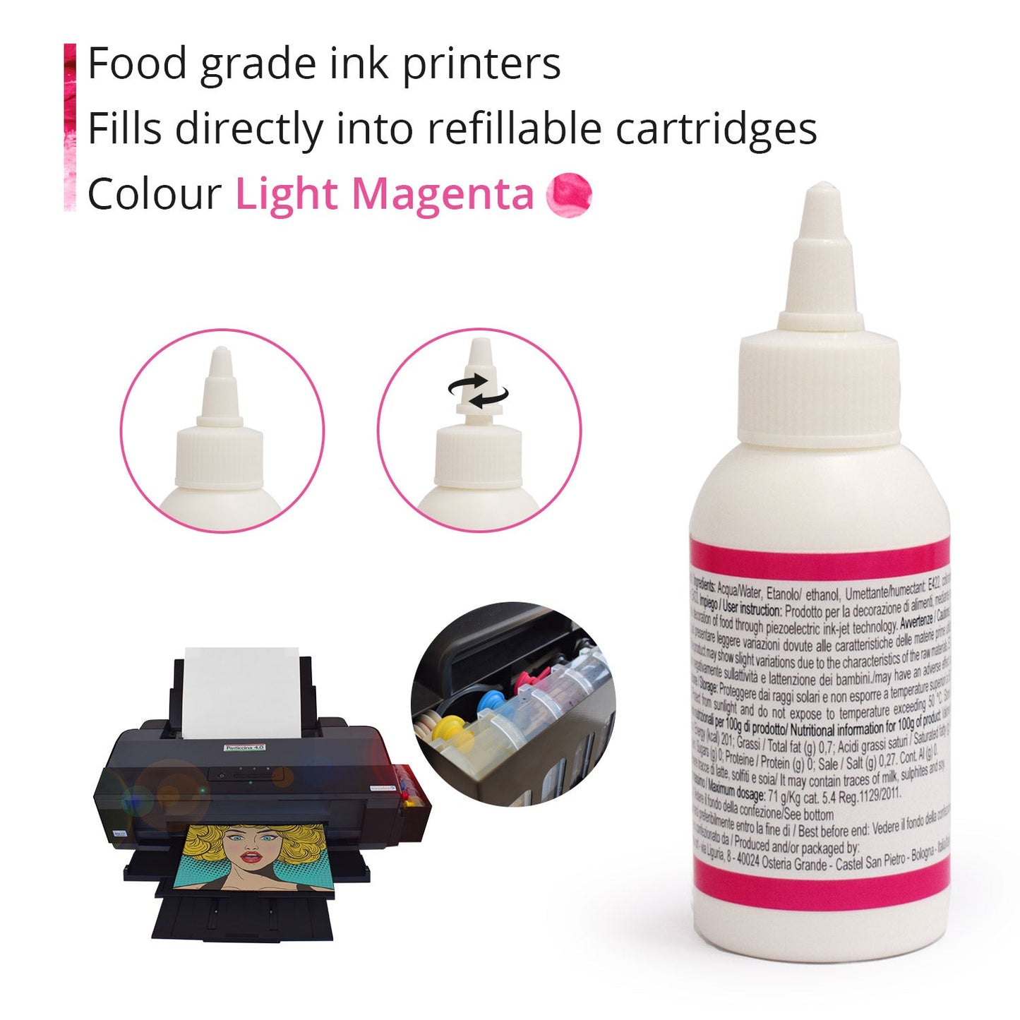 Inchiostro alimentare 100 ml Magenta Chiaro per stampanti Epson