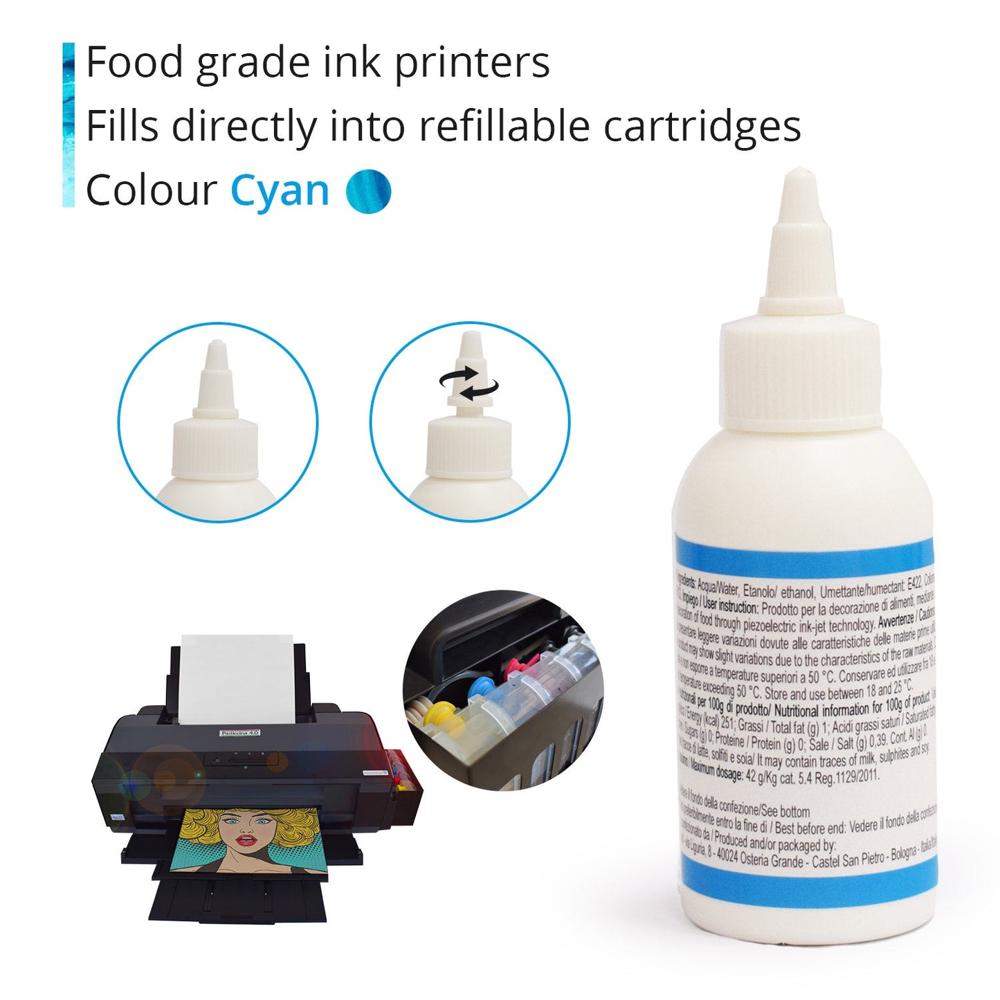 Inchiostro alimentare 100 ml Ciano per stampanti Epson