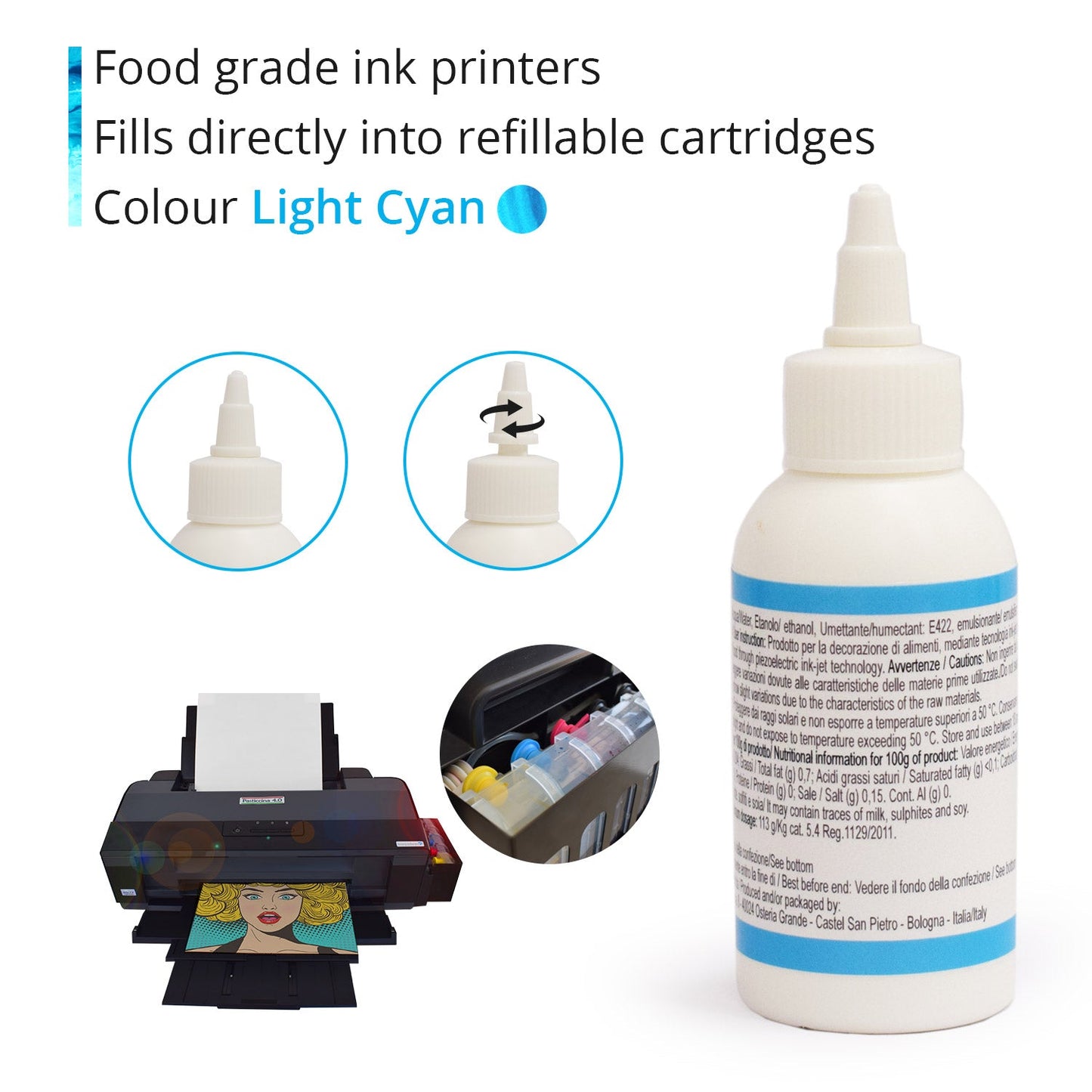 Inchiostro alimentare 100 ml Ciano Chiaro per stampanti Epson