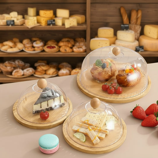 Piatto da portata in legno con campana in vetro