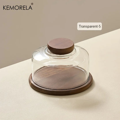 1PCS Round Wooden Cake Stand with Glass Dome Lid -Wood Serving Tray for Dim Sum Pastries & Desserts for Dining Room Cake Tray
