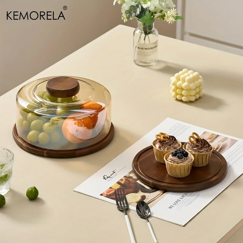1PCS Round Wooden Cake Stand with Glass Dome Lid -Wood Serving Tray for Dim Sum Pastries & Desserts for Dining Room Cake Tray