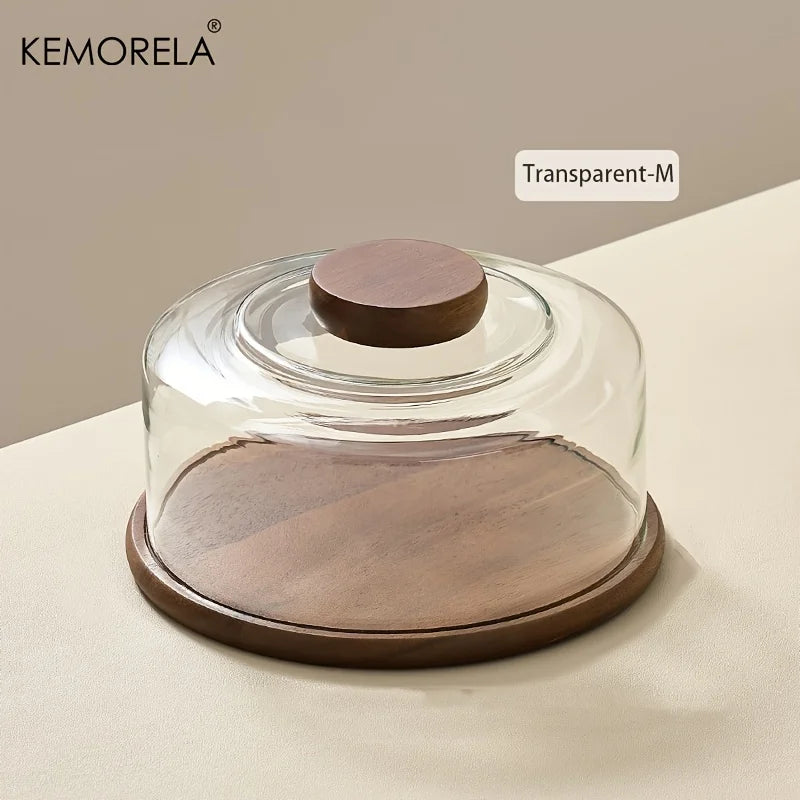 1PCS Round Wooden Cake Stand with Glass Dome Lid -Wood Serving Tray for Dim Sum Pastries & Desserts for Dining Room Cake Tray