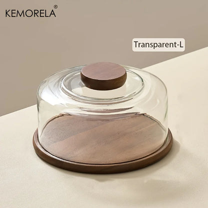 1PCS Round Wooden Cake Stand with Glass Dome Lid -Wood Serving Tray for Dim Sum Pastries & Desserts for Dining Room Cake Tray