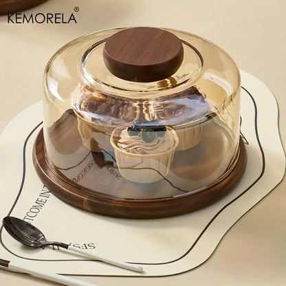 1PCS Round Wooden Cake Stand with Glass Dome Lid -Wood Serving Tray for Dim Sum Pastries & Desserts for Dining Room Cake Tray