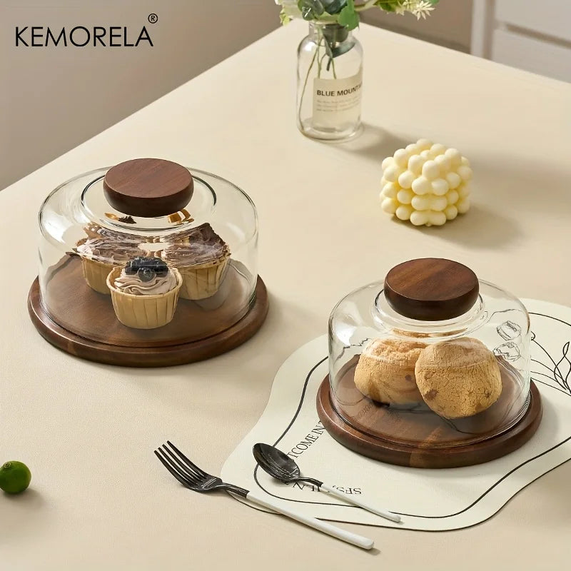 1PCS Round Wooden Cake Stand with Glass Dome Lid -Wood Serving Tray for Dim Sum Pastries & Desserts for Dining Room Cake Tray