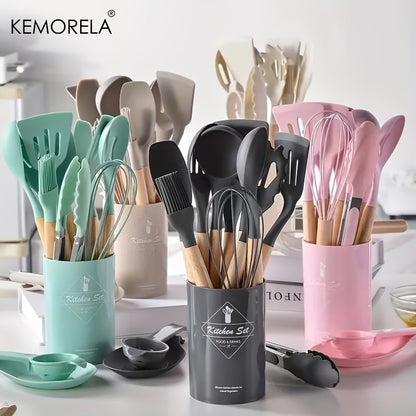 14pcs Silicone Utensil Set - Non-Stick Cooking Utensils With Wooden Handle & Storage Bucket - Apartment & College Dorm Essential Kitchen Supplies
