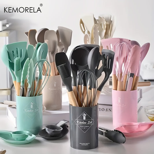 14pcs Silicone Utensil Set - Non-Stick Cooking Utensils With Wooden Handle & Storage Bucket - Apartment & College Dorm Essential Kitchen Supplies