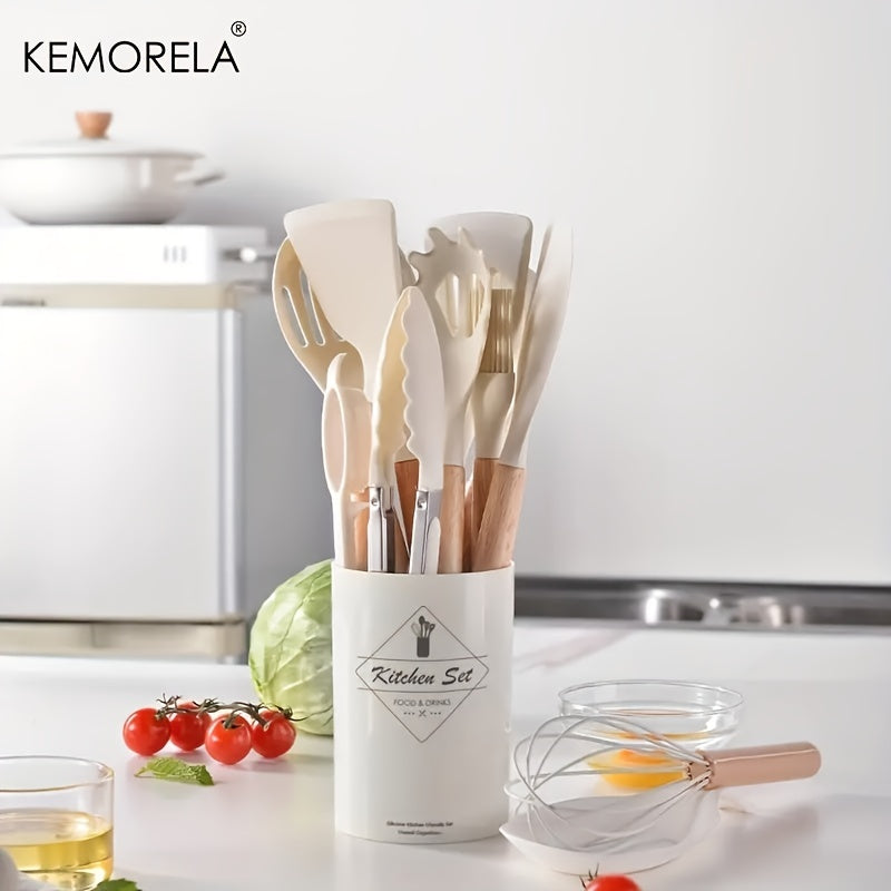14pcs Silicone Utensil Set - Non-Stick Cooking Utensils With Wooden Handle & Storage Bucket - Apartment & College Dorm Essential Kitchen Supplies