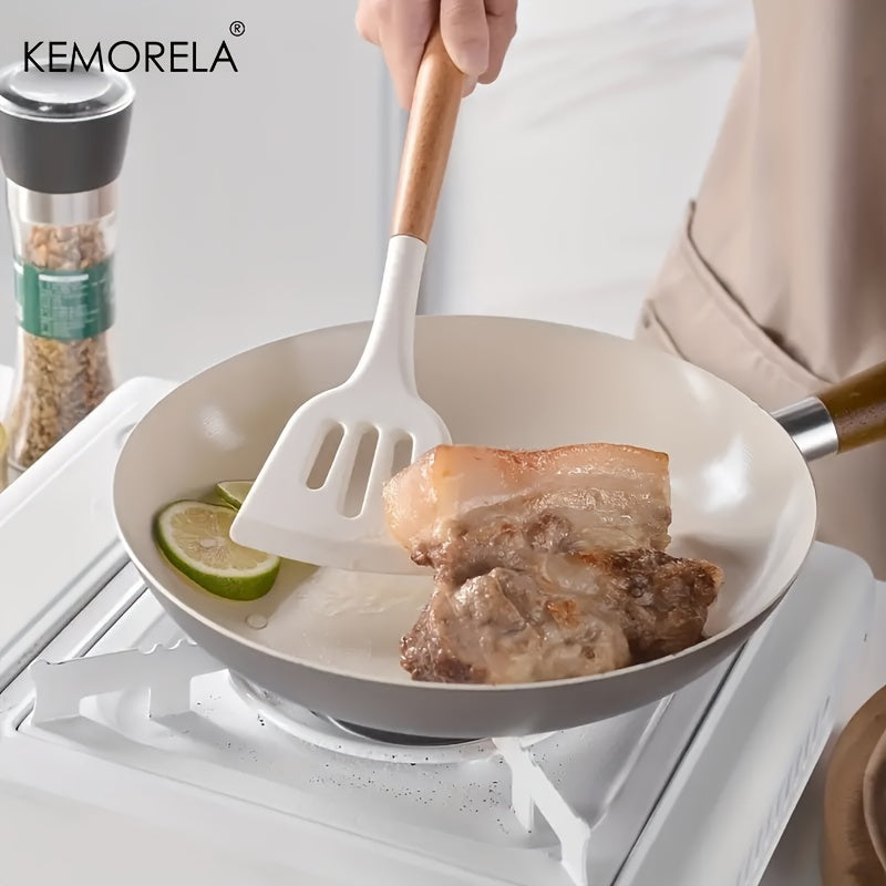 14pcs Silicone Utensil Set - Non-Stick Cooking Utensils With Wooden Handle & Storage Bucket - Apartment & College Dorm Essential Kitchen Supplies