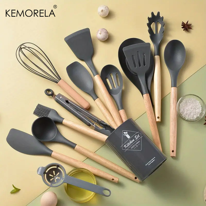 14pcs Silicone Utensil Set - Non-Stick Cooking Utensils With Wooden Handle & Storage Bucket - Apartment & College Dorm Essential Kitchen Supplies