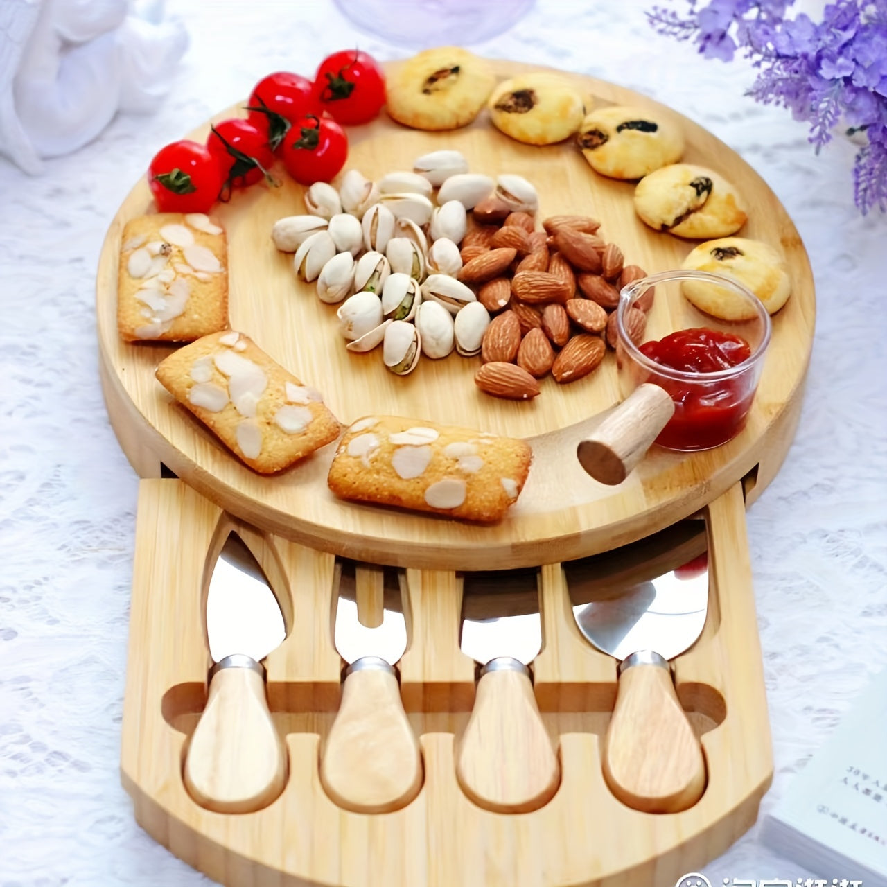 1 Set Bamboo Cheese Board with Knives - Wooden Cheese Platter and Serving Tray for Snacks, Fruits, and Charcuterie - Versatile Cutting Board for Kitchen, Outdoor, and Holiday Entertaining - Ideal for Christmas, Halloween, Eas